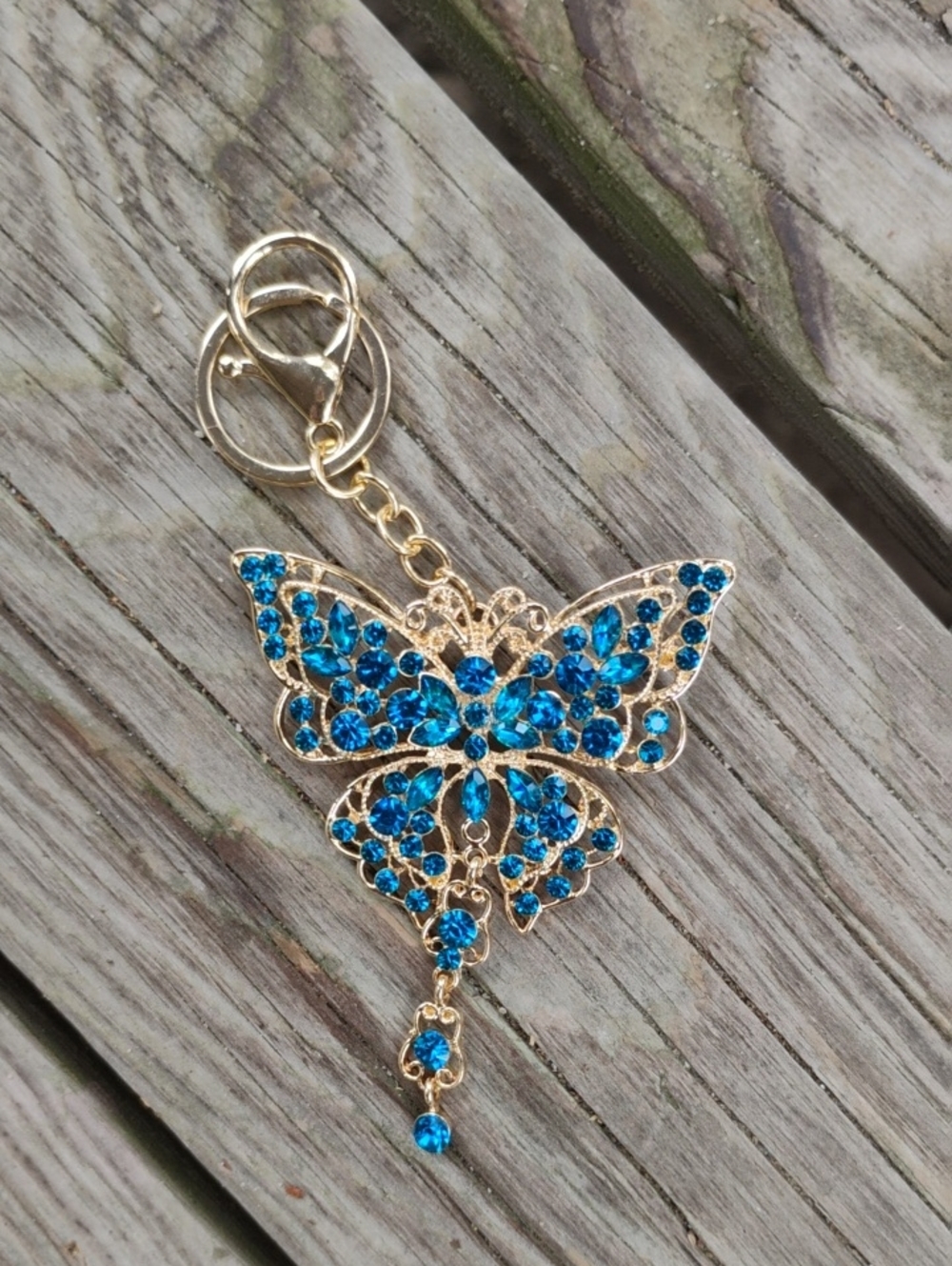 Gold Butterfly Keychain with Blue Rhinestones